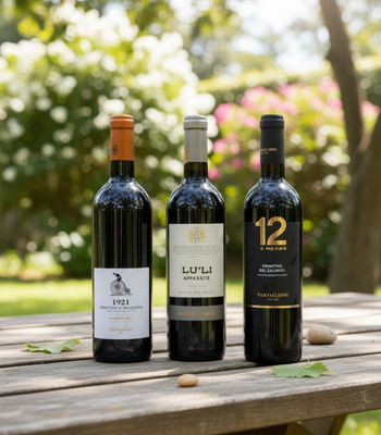 Primitivo Wein in verschiedenen Flaschen auf Tisch